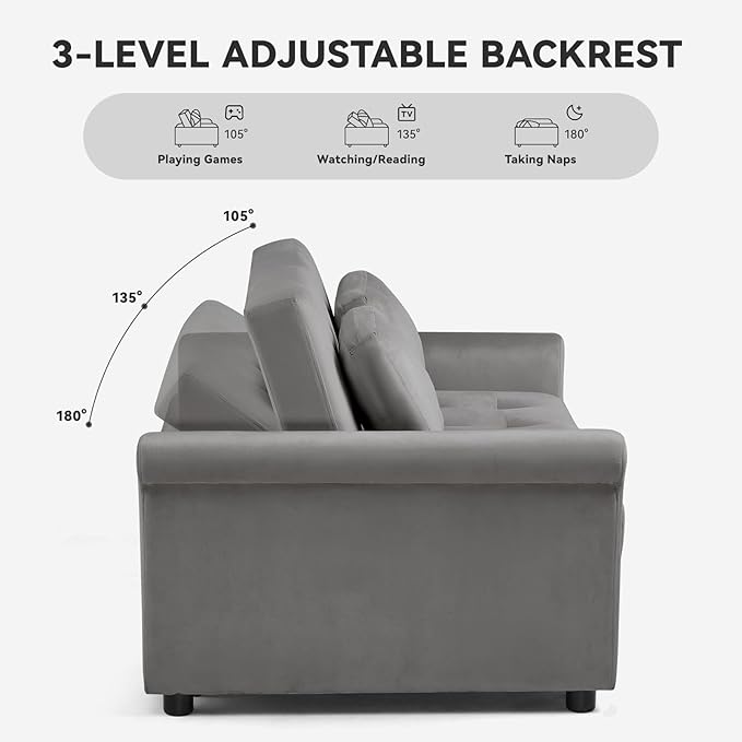 COMHOMA 55" Sleeper Sofa Bed, 3-in-1 Pull Out Couch with Adjustable Backrest and Pillows, Convertible Sleeper Couch for Living Room and Office (Grey) - LeafyLoom