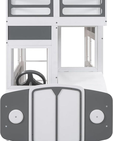 Twin over Twin Bus-shaped Bunk Bed with Wheels,Kids Car-Shaped Bedframe W/Storage,Space Saving,No Box Spring Needed,Wood Toy Bedroom Furniture for Boys Toddlers Teens Child,Gray+White - LeafyLoom