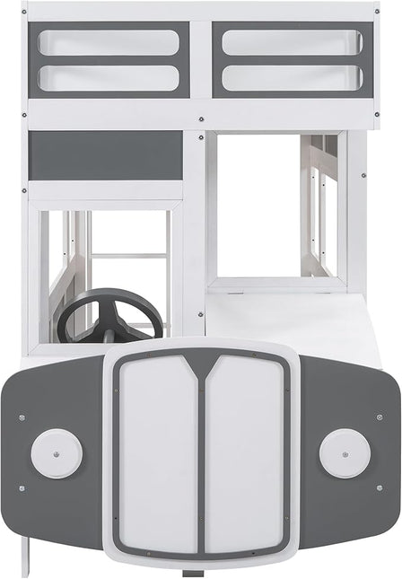 Twin over Twin Bus-shaped Bunk Bed with Wheels,Kids Car-Shaped Bedframe W/Storage,Space Saving,No Box Spring Needed,Wood Toy Bedroom Furniture for Boys Toddlers Teens Child,Gray+White - LeafyLoom