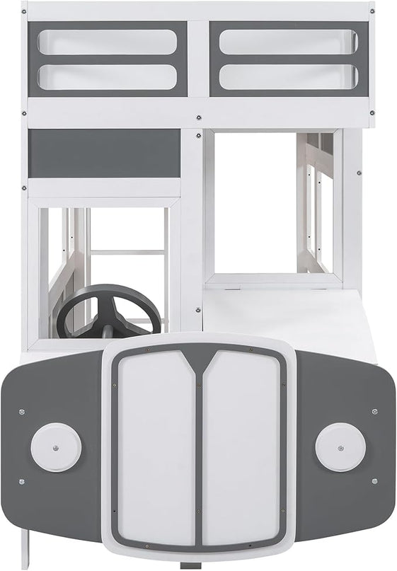 Twin over Twin Bus-shaped Bunk Bed with Wheels,Kids Car-Shaped Bedframe W/Storage,Space Saving,No Box Spring Needed,Wood Toy Bedroom Furniture for Boys Toddlers Teens Child,Gray+White - LeafyLoom