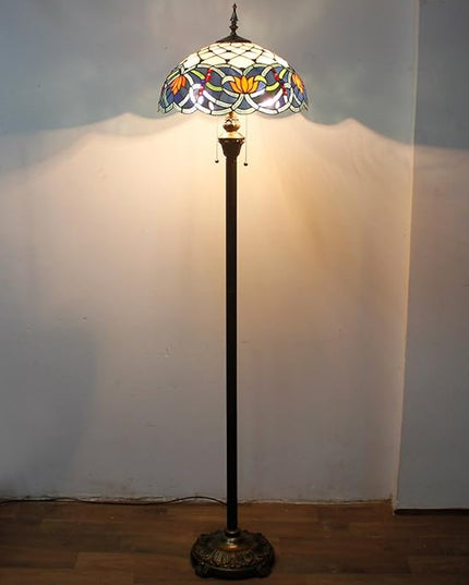 WERFACTORY Tiffany Floor Lamp Blue Lotus Stained Glass Flower Standing Reading Light 16X16X64 Inches Antique Pole Corner Lamp Decor Bedroom Living Room Home Office S220 Series - LeafyLoom