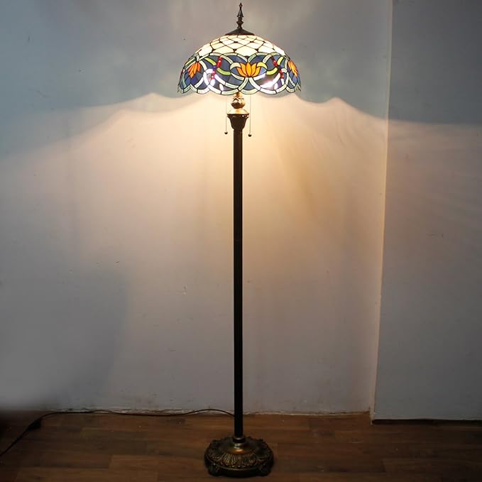 WERFACTORY Tiffany Floor Lamp Blue Lotus Stained Glass Flower Standing Reading Light 16X16X64 Inches Antique Pole Corner Lamp Decor Bedroom Living Room Home Office S220 Series - LeafyLoom