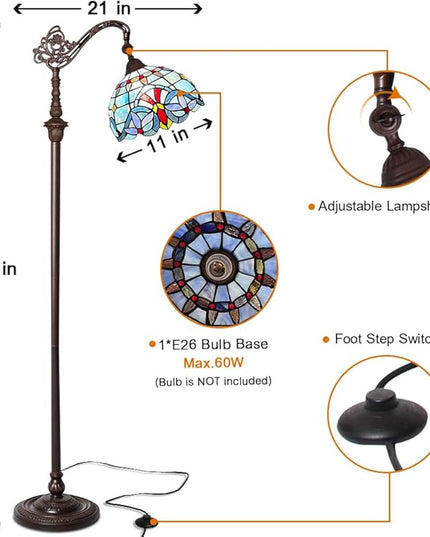 Capulina Tiffany Floor Lamp 62 Inches Height Antique Victorian Style Stained Glass Soft Light Arched Gooseneck Adjustable Angle Reading Lamp for Living Room Bedroom Home Office - LeafyLoom