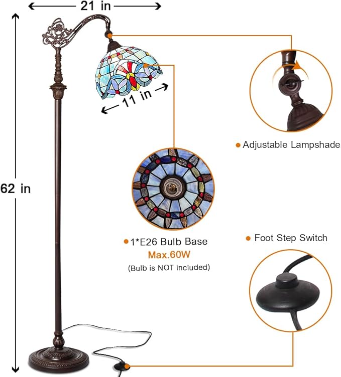 Capulina Tiffany Floor Lamp 62 Inches Height Antique Victorian Style Stained Glass Soft Light Arched Gooseneck Adjustable Angle Reading Lamp for Living Room Bedroom Home Office - LeafyLoom