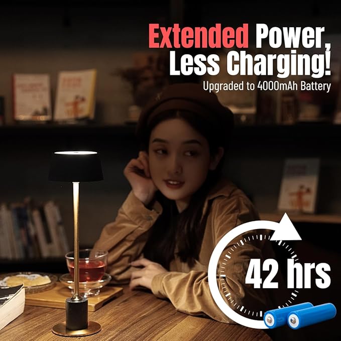 Cordless Table Lamp, Rechargeable and Battery Operated, 4000mAh Battery, 42-Hour Run Time, Black and Gold Lamp for Any Corner of Bedrooms, Restaurant, Buffet, Patio - LeafyLoom