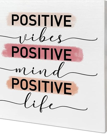 Home Office Desk Wooden Box Sign Decor, Positive Vibes Mind Life, Inspirational Quotes Desk Decor Motivational Desk Decorations for Women Girls Teens Student Office Classroom School - LeafyLoom