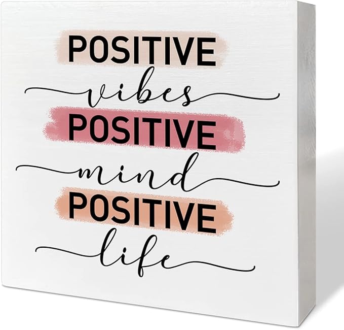 Home Office Desk Wooden Box Sign Decor, Positive Vibes Mind Life, Inspirational Quotes Desk Decor Motivational Desk Decorations for Women Girls Teens Student Office Classroom School - LeafyLoom