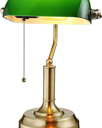 TORCHSTAR Green Glass Bankers Desk Lamp, UL Listed, Antique Desk Lamps with Brass Base, Traditional Library Lamp with Pull Chain, E26 Base, Vintage Desk Lamp for Office, Study Room - LeafyLoom
