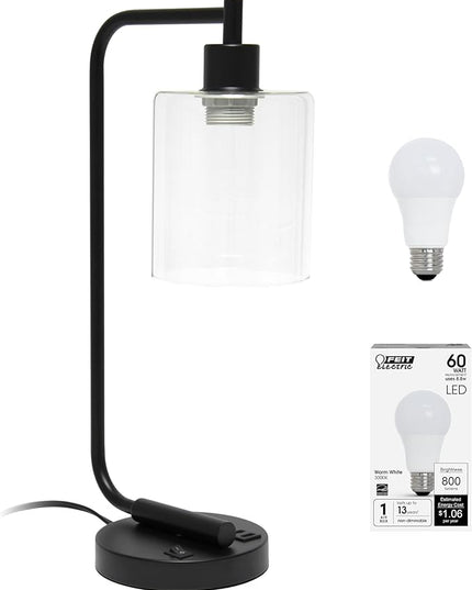 Simple Designs LD1066-BLK-LB Industrial Vintage Bronson Iron Lantern Desk Table Lamp with USB Port and Glass Cylinder Shade for Office, Living Room, Bedroom, Black, with Feit LED Bulb Included - LeafyLoom