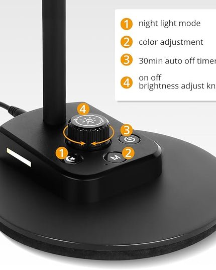 LED Desk Lamp for Office Home, Dimmable Reading Light with USB Charging Ports, Bedside Lamp with 5 Color Modes & Stepless Dimming, 360° Flexible Gooseneck Table Lamp(Adapter Included) - LeafyLoom