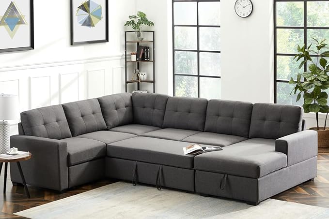 LOVMOR Living Room U Shape Large Sectional Sofa with Pull Out Sleeper Bed, Storage Chaise, Corner Couch with Arms and 2 Cup Holder for Home Furniture, Apartment, Dorm, Dark Gray, 90 Inch - LeafyLoom