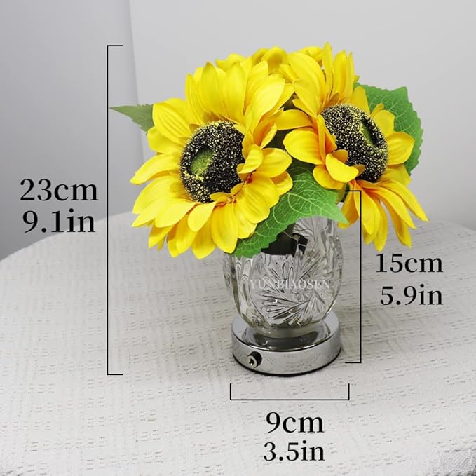 Sunflower Lamp Artificial LED Sunflower Flowers with Glass Vase Table Lamp Night Light for Home Office Decor House Decorations Gift Idea - Rechargeable (3Sunflower) - LeafyLoom