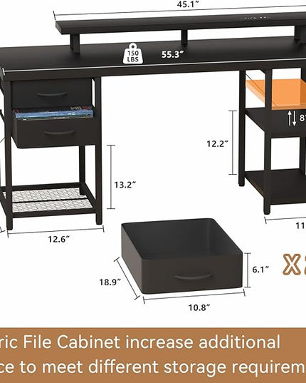 Computer Desk with Drawer and Power Outlets, Gaming Desk with LED Light, Work Desk with Shelves and PC Stand for Home Office (Black) - LeafyLoom