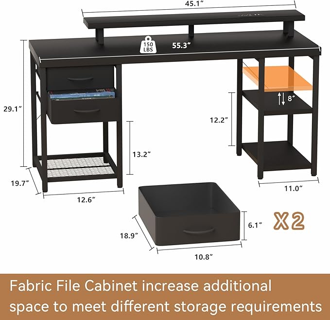 Computer Desk with Drawer and Power Outlets, Gaming Desk with LED Light, Work Desk with Shelves and PC Stand for Home Office (Black) - LeafyLoom
