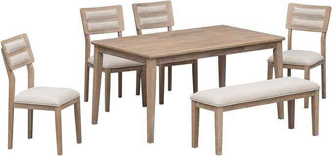 6-Piece Classic Style Dinette Sets Rectangular Kitchen Dining Table with 4 Matching Upholstered Chairs & 1 Bench, for Diningroom Living Room, Easy to Assemble, Natural Wood Wash - LeafyLoom