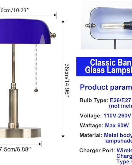 FIRVRE Bankers Lamp with2 USB and Wireless Charging Port，Pull Chain Switch Blue Glass Desk Lamp， E26 Base,Traditional Library Desk Lamps for Home Office,Bedroom,Piano - LeafyLoom