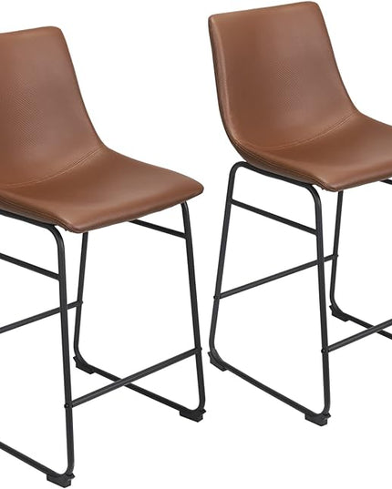 Bar Stools Set of 2, 26 Inches Bar Stool with Back, Carbon Fiber Bar Chair with Metal Legs (Brown) - LeafyLoom