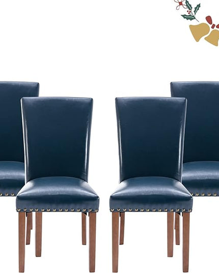 Parsons Dining Chairs Set of 4, Upholstered Nailhead PU Leather Dining Room Kitchen Side Chair with Thick Cushions and Wood Legs, Blue - LeafyLoom