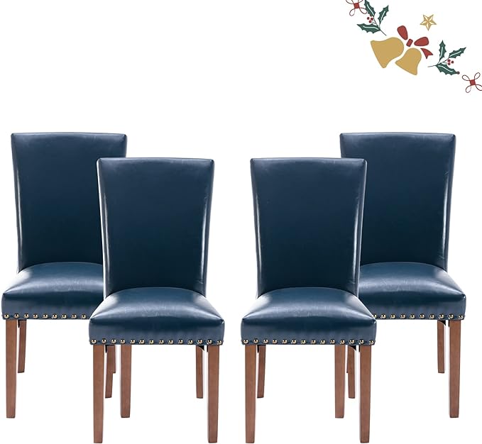 Parsons Dining Chairs Set of 4, Upholstered Nailhead PU Leather Dining Room Kitchen Side Chair with Thick Cushions and Wood Legs, Blue - LeafyLoom