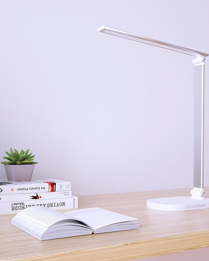 Clearance LED Desk Lamp with USB Charging Port, Birght Desk Light for Home Office, Computer, Work Desktop, Table Lamp with Night Light, Timer, 5 Modes Reading Lamp, Touch Dimmable, Adjustable, Sliver - LeafyLoom