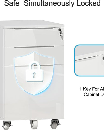 ChooChoo High Gloss File Cabinet with Lock,3 Drawer Rolling Filing Cabinet Fits Legal Size/A4/Letter, Under Desk File Cabinet with Hook for Home Office,White - LeafyLoom