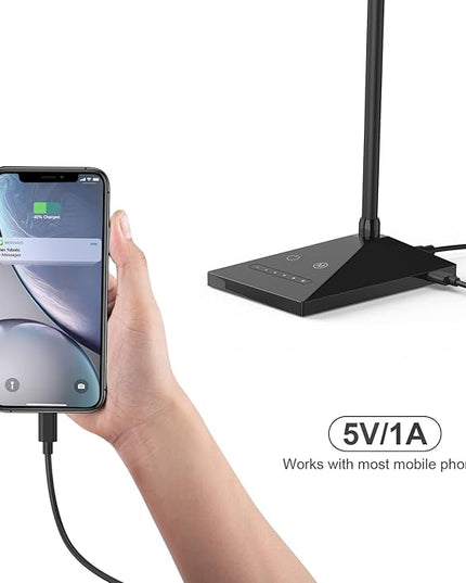 LED Desk Lamp Eye-Caring Table Lamps with USB Charging Port,7 Brightness Levels & 5 Color Modes,Touch Control and Memory Function, Flexible Gooseneck Reading Lamp for Home Office, Black - LeafyLoom