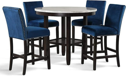 New Classic Furniture Celeste 5-Piece Faux Marble Round Counter Set with 1 Table and 4 Chairs, 42-Inch, Blue - LeafyLoom
