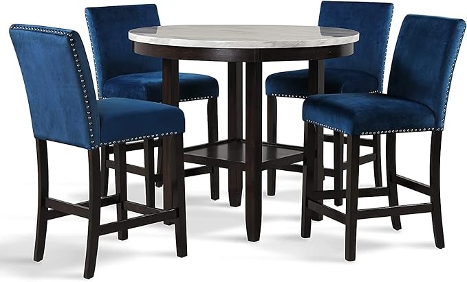 New Classic Furniture Celeste 5-Piece Faux Marble Round Counter Set with 1 Table and 4 Chairs, 42-Inch, Blue - LeafyLoom