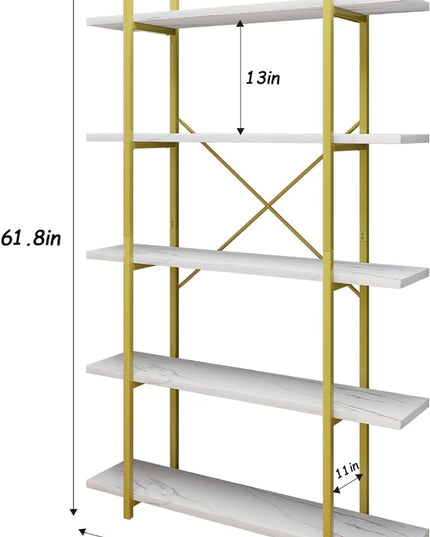 5 Tiers Bookshelf Organizer White Faux Marble Shelf,Modern Open Display Storage Bookcase, and Metal Bookshelf Standing Storage Shelf Tall Shelving Units for Home Office Study - LeafyLoom