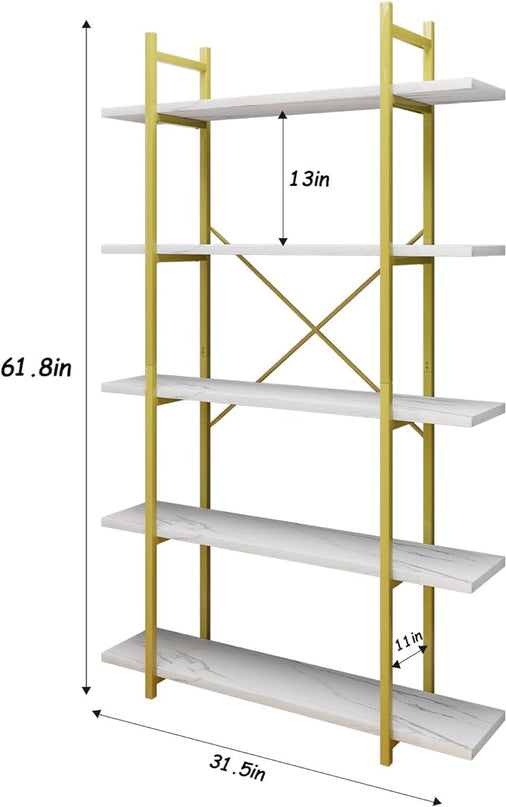 5 Tiers Bookshelf Organizer White Faux Marble Shelf,Modern Open Display Storage Bookcase, and Metal Bookshelf Standing Storage Shelf Tall Shelving Units for Home Office Study - LeafyLoom