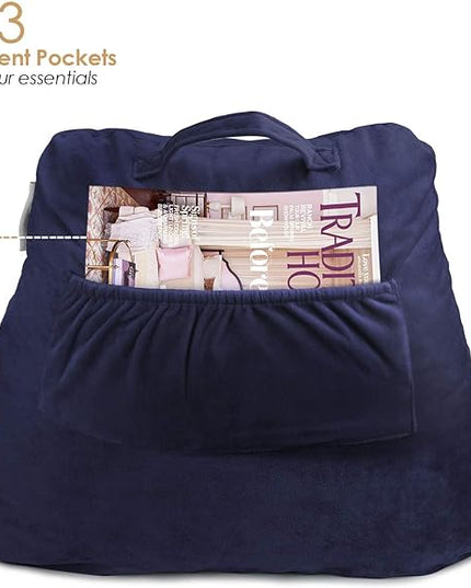Nestl Reading Pillow with Portable Laptop Lap Desk, Velvet Feel Back Pillow for Sitting in Bed, Shredded Memory Foam Back Support Pillow for Bed, Bed Rest Pillow with Arms, Standard - Navy - LeafyLoom