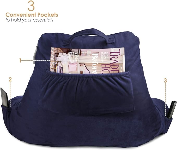Nestl Reading Pillow with Portable Laptop Lap Desk, Velvet Feel Back Pillow for Sitting in Bed, Shredded Memory Foam Back Support Pillow for Bed, Bed Rest Pillow with Arms, Standard - Navy - LeafyLoom
