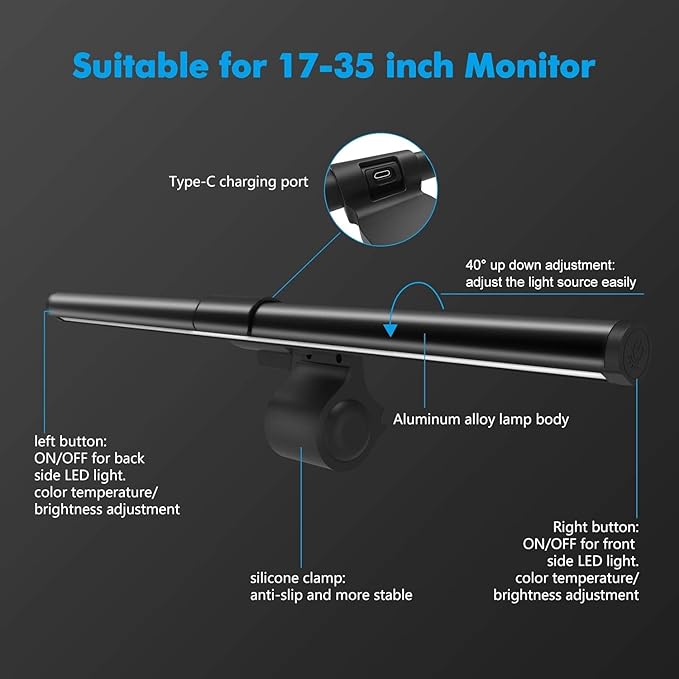 OOWOLF Monitor Light Bar with Backlight CRI≥95, Screen Light Bar, Desk Lamp for Eye-Caring,Dual Light,Filter Blue-Light,3-Color Mode,Memory Dimming,e-Reading Task Lamp,Computer Light for Home Office - LeafyLoom