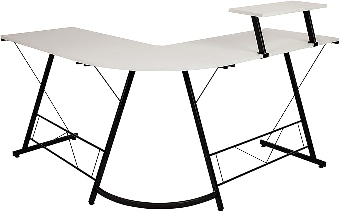 Flash Furniture Ginny Corner Desk - White/Black Space Saving L-Shaped Gaming Desk with Monitor Shelf - 71.5" 2-Tier Computer Desk, Home Office Desk, Easy Assembly - LeafyLoom