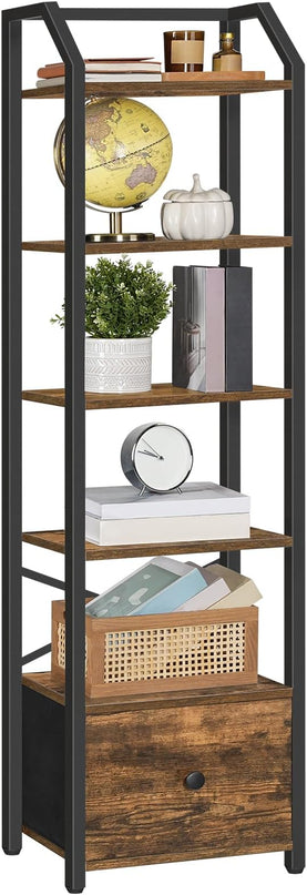 6 Tier Bookshelf, Book Shelf with Removable Drawer, Tall Narrow Bookcase with Shelves, Standing Display Shelf, Storage Organizer, for Bedroom, Home Office, Rustic Brown and Black SJ06BR - LeafyLoom