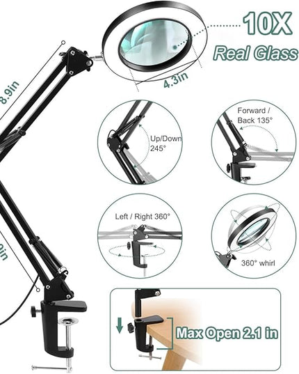 10X Magnifying Glass with Light, Krstlv Real Glass Lens Desk Lamp & Clamp, 3 Color Modes Stepless Dimmable, Hands Free LED Lighted Magnifier with Light and Stand for Reading Crafts Repair Close Works - LeafyLoom