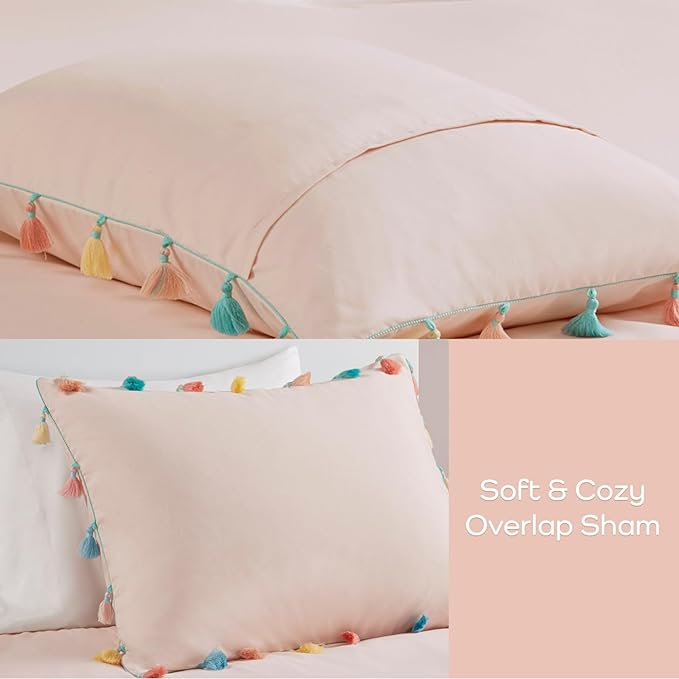 Mi Zone Kids Twin Comforter Set for Girls, Pink Comforter SetTwin Comforter Set, Tessa Adorable Twin Bedding Sets for Girls, Fun Pom Pom Tassel, Sham, Boho Heart Throw Pillow, Twin, Blush 3 Piece - LeafyLoom
