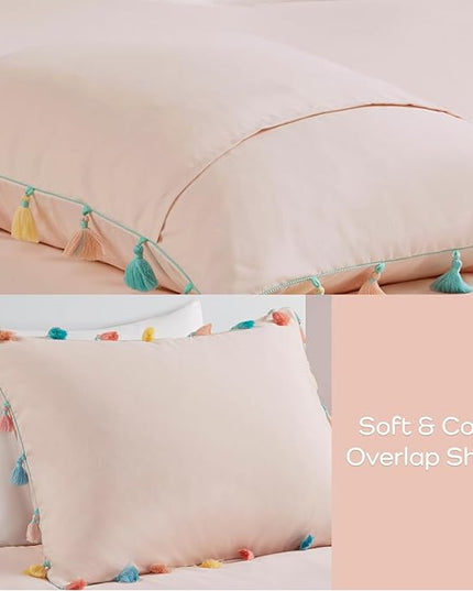 Mi Zone Kids Queen Comforter Set for Girls, Pink Comforter Set Queen, Tessa Adorable Teen Bedding Sets for Girls, Fun Colorful Pom Pom Tassel, Sham, Boho Heart Throw Pillow, Full/Queen, Blush 4 Piece - LeafyLoom