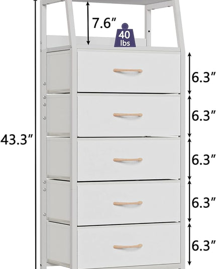 Furnulem White Dresser with 5 Drawers, Vertical Storage Tower Fabric Dresser for Bedroom, Hallway, Entryway, Nursery, Closet Organizer, Nightstand Bedside Table Furniture, Sturdy Steel Frame, Wood Top - LeafyLoom