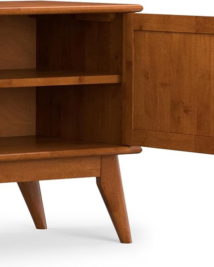 SIMPLIHOME Draper Solid Hardwood Wide Mid Century Modern Media Stand for TVs up to 80 inches for The Living Room and Entertainment Center, 72 inch, Teak Brown - LeafyLoom