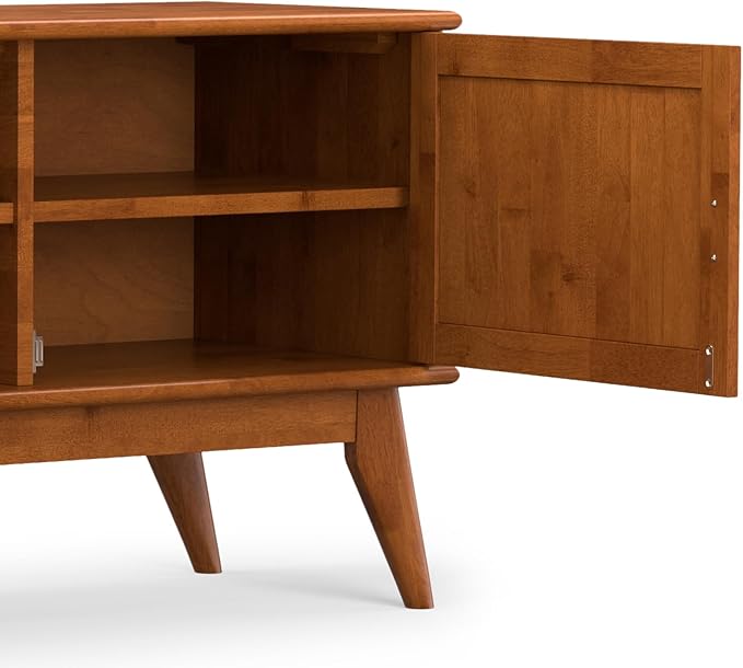 SIMPLIHOME Draper Solid Hardwood Wide Mid Century Modern Media Stand for TVs up to 80 inches for The Living Room and Entertainment Center, 72 inch, Teak Brown - LeafyLoom