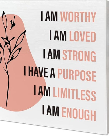 Home Office Desk Wooden Box Sign Decor, I Am Worthy Loved Strong, Inspirational Quotes Desk Decor Motivational Desk Decorations for Women Girls Teens Student Office Classroom School - LeafyLoom