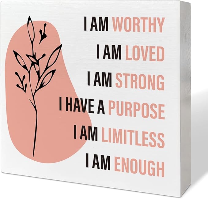 Home Office Desk Wooden Box Sign Decor, I Am Worthy Loved Strong, Inspirational Quotes Desk Decor Motivational Desk Decorations for Women Girls Teens Student Office Classroom School - LeafyLoom