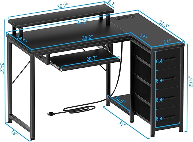Black L Shaped Desk with Drawers, Corner Desk with LED Light & Power Outlet, 47" Computer Desk with Monitor Stand & CPU Stand, for Home Office Small Space - LeafyLoom
