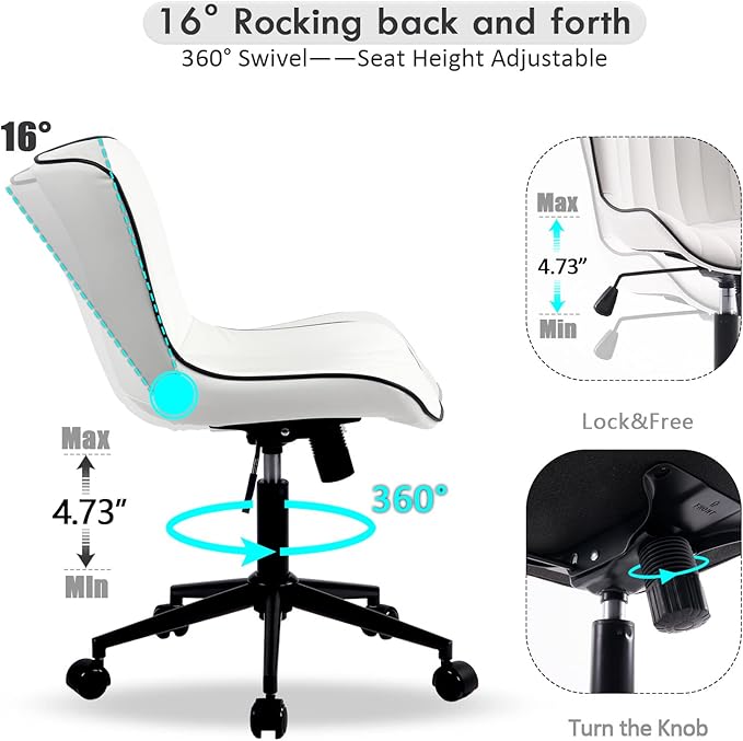 YOUNIKE White Office Chair Swivel Leather Desk Chair, Upholstered Adjustable Computer Task Chair with Wheels, Modern Armless Rolling Gaming Chair Mid Back - LeafyLoom