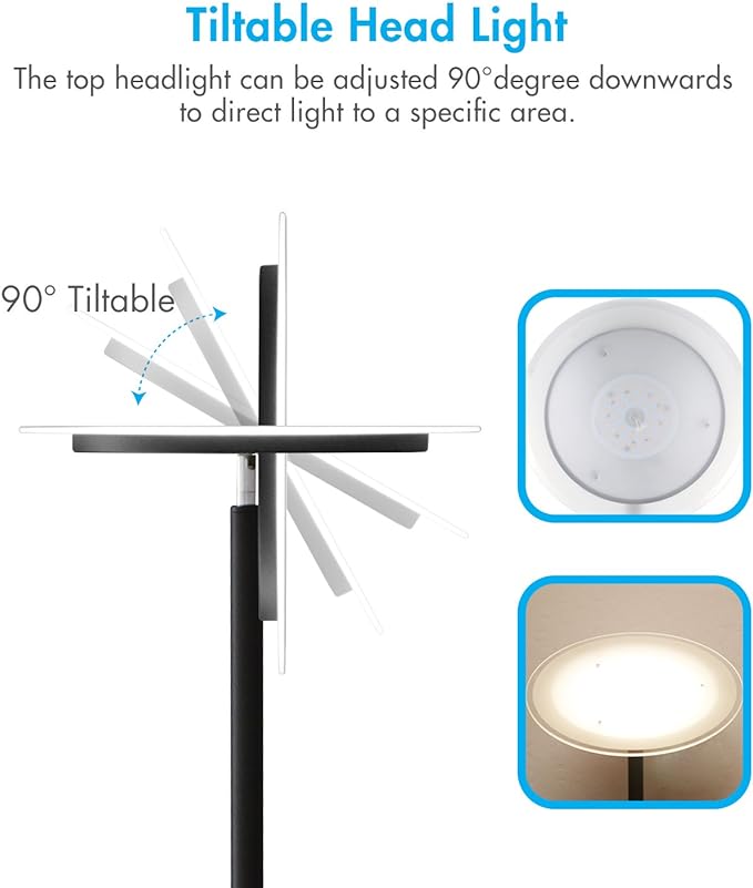 Tenergy Modern Torchiere Floor Lamp, 3000L LED, 30W, Remote Control, Touch Dimmer, 90° Adjustable, Warm White - LeafyLoom