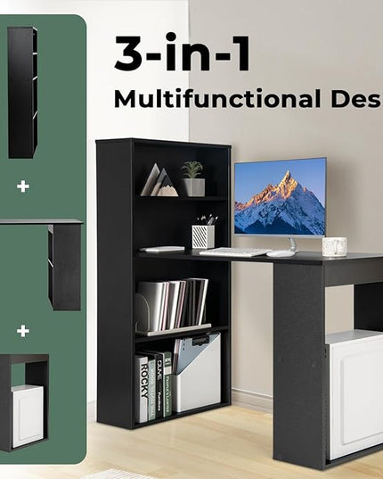 Computer Desk with Shelves, Black - LeafyLoom