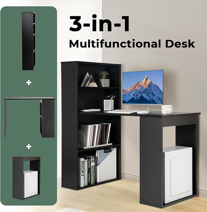 Computer Desk with Shelves, Black - LeafyLoom