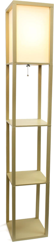Simple Designs LF1014-TAN-LB Three Shelf Etagere Organizer Storage Floor Lamp with White Linen Shade for Living Room, Bedroom, Office, Hallway, Tan, with Feit LED Bulb Included - LeafyLoom