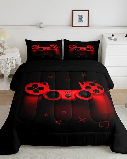 Boys Gamer Comforter Set Full Size,Gamepad Bedding Set Kids Young Man Video Games Down Comforter for Teen Child Game Room Decor Black Red Classic Retro Gaming Quilted Duvet Set with Pillowcase - LeafyLoom